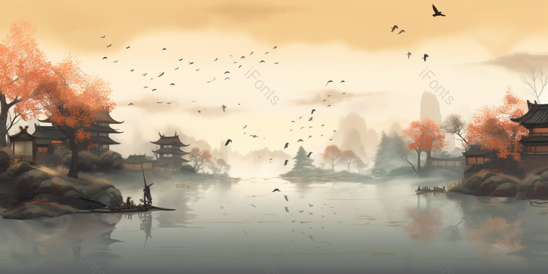 中国风彩色水墨画水面雾气弥漫平静群鸟飞过手绘背景插画,插画/手绘图,插画/手绘图库,插画/手绘图下载,插画/手绘